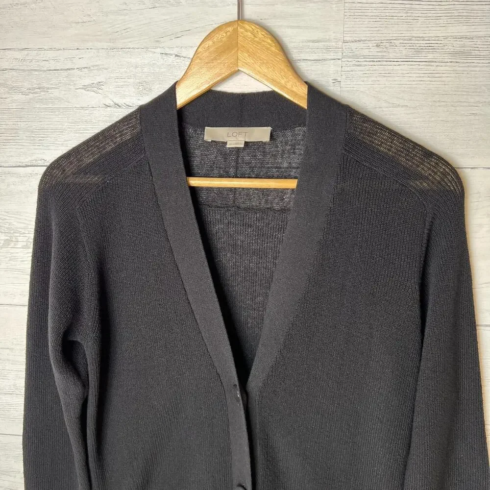 Loft Cardigan Womens Size XS Black Button Down Linen Blend Fabric Buttons